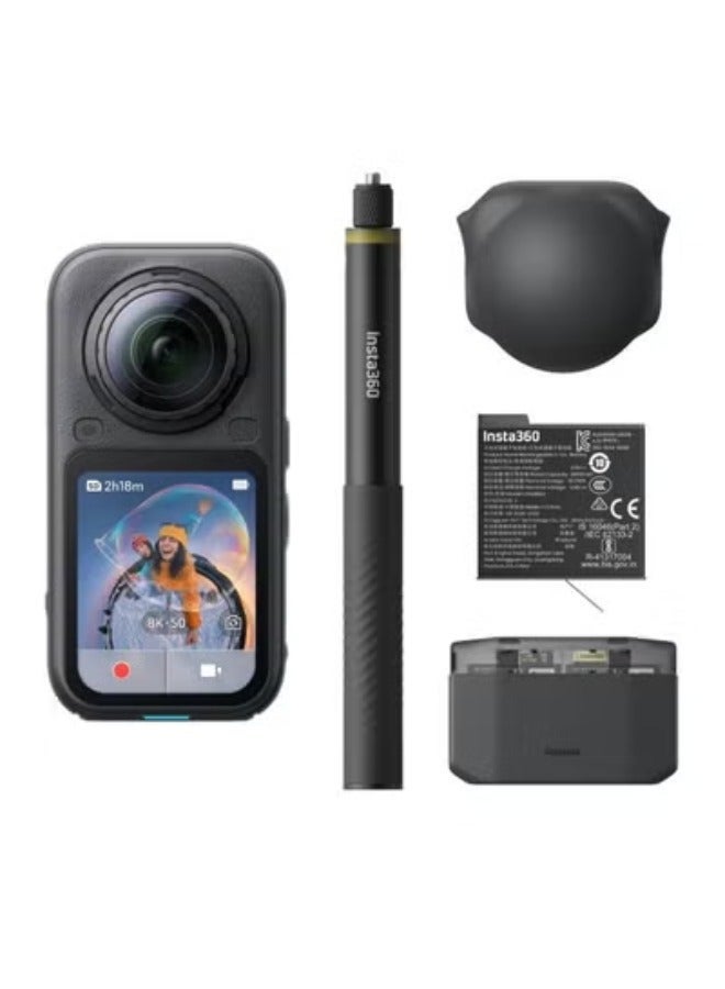 انستا 360 X6 360 Camera Essentials Bundle | 8K Camera + 2x Extreme Batteries + 114cm Invisible Sefie Stick + Lens Cap + Fast Charge Case + Pouch + USB-C Cable + Exteneded Warranty - Black - Image 1