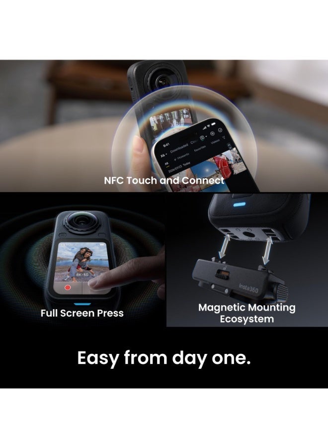 انستا 360 X6 360 Camera Essentials Bundle | 8K Camera + 2x Extreme Batteries + 114cm Invisible Sefie Stick + Lens Cap + Fast Charge Case + Pouch + USB-C Cable + Exteneded Warranty - Black - Image 5