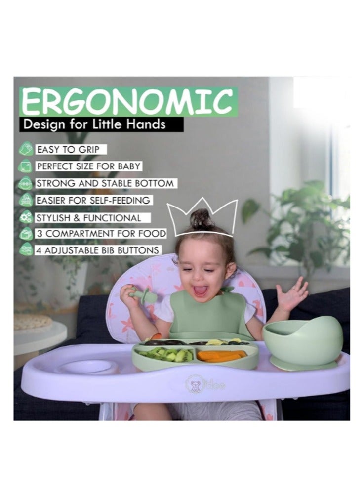 لوازم تغذية الفطام الفاخرة باللون الأخضر الداكن مكونة من 10 قطع للأطفال الصغار! مريلة + لوحة + أوعية أطفال من السيليكون بالشفط! مجموعة أدوات تناول الطعام الذاتية مع ملاعق ومرايل وطبق ومجموعة ملاعق للأطفال الصغار! مجموعة من 10! - Image 4