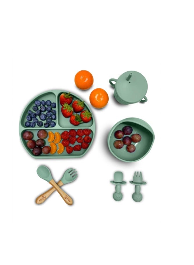لوازم تغذية الفطام الفاخرة باللون الأخضر الداكن مكونة من 10 قطع للأطفال الصغار! مريلة + لوحة + أوعية أطفال من السيليكون بالشفط! مجموعة أدوات تناول الطعام الذاتية مع ملاعق ومرايل وطبق ومجموعة ملاعق للأطفال الصغار! مجموعة من 10! - Image 1