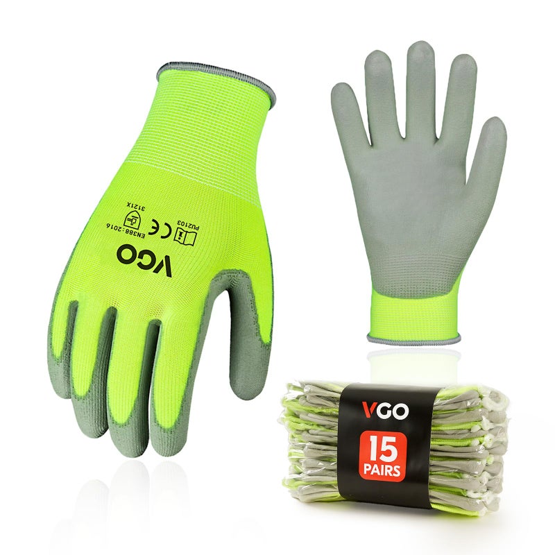 Vgo 15Pairs Safety Work Gloves Gardening Gloves Polyurethane Coated Dipping Gloves Latex Free Size L Yellow PU2103