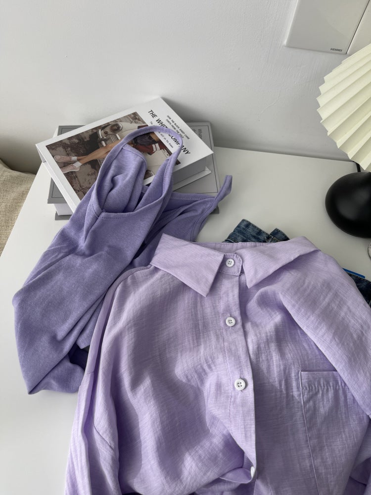 Womens French Ice Silk Sun-protective Shirt Set Purple sling 