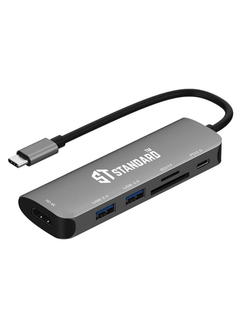 Standard USB-C HUB To Multi-Functional Docking Station HDMI (4K@30Hz)+USB3.0*1+USB2.0*1+SD+TF+PD 3.0 100W  - Image 1