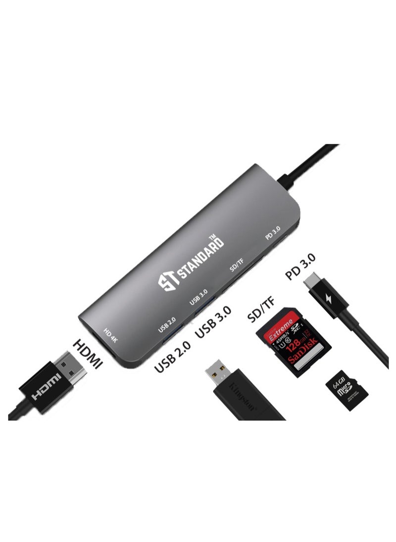 Standard USB-C HUB To Multi-Functional Docking Station HDMI (4K@30Hz)+USB3.0*1+USB2.0*1+SD+TF+PD 3.0 100W  - Image 2