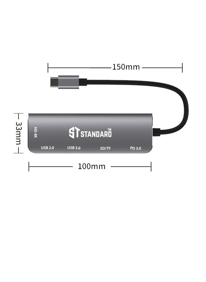 Standard USB-C HUB To Multi-Functional Docking Station HDMI (4K@30Hz)+USB3.0*1+USB2.0*1+SD+TF+PD 3.0 100W  - Image 3