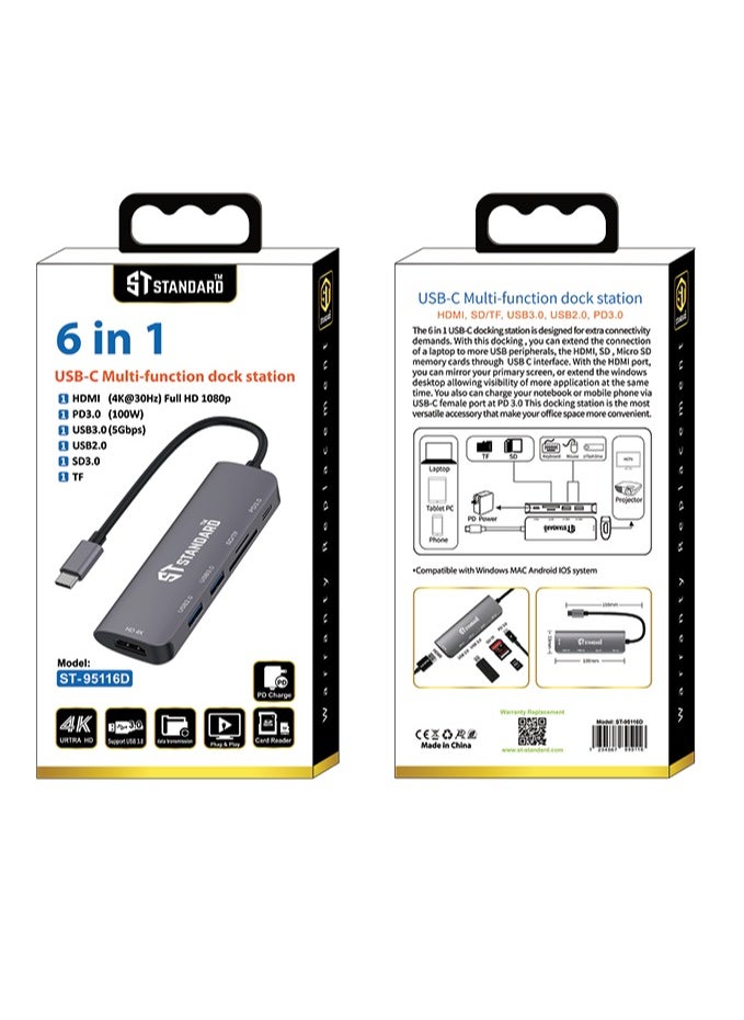 Standard USB-C HUB To Multi-Functional Docking Station HDMI (4K@30Hz)+USB3.0*1+USB2.0*1+SD+TF+PD 3.0 100W  - Image 4