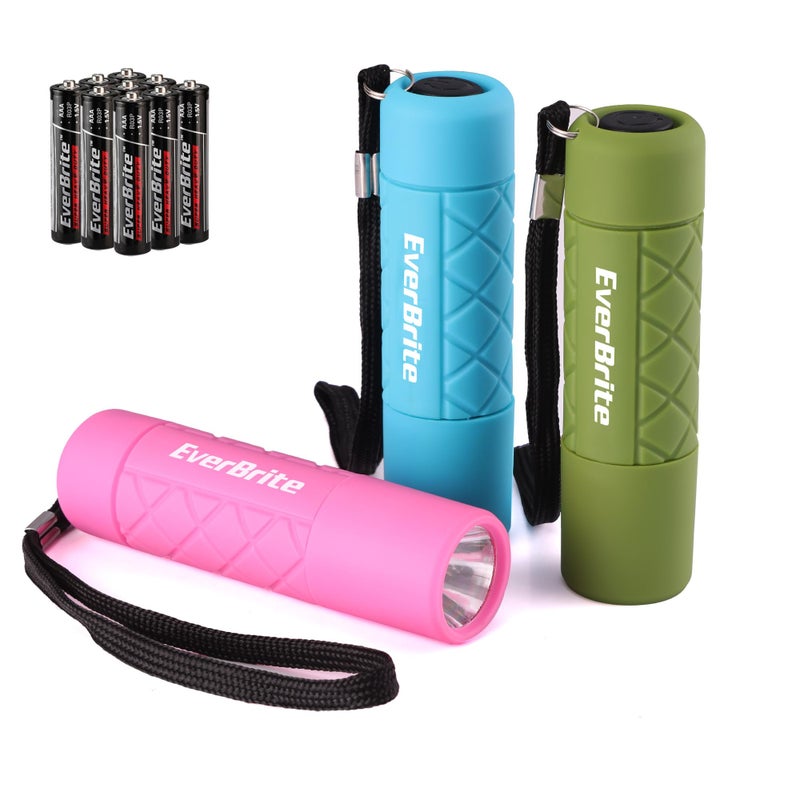 EverBrite Mini Flashlight 3-Pack, Small Flash Lights 9 AAA Batteries Included, Pink/Green/Blue LED Flashlights with Lanyard for Camping/Emergencies, Christmas Gifts - Image 1