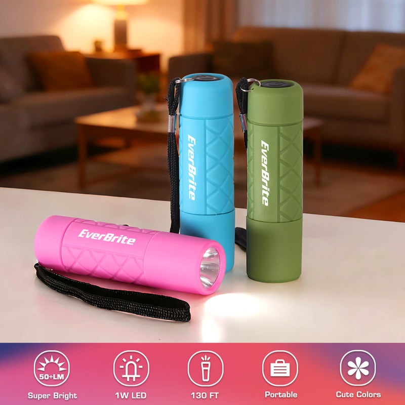 EverBrite Mini Flashlight 3-Pack, Small Flash Lights 9 AAA Batteries Included, Pink/Green/Blue LED Flashlights with Lanyard for Camping/Emergencies, Christmas Gifts - Image 4