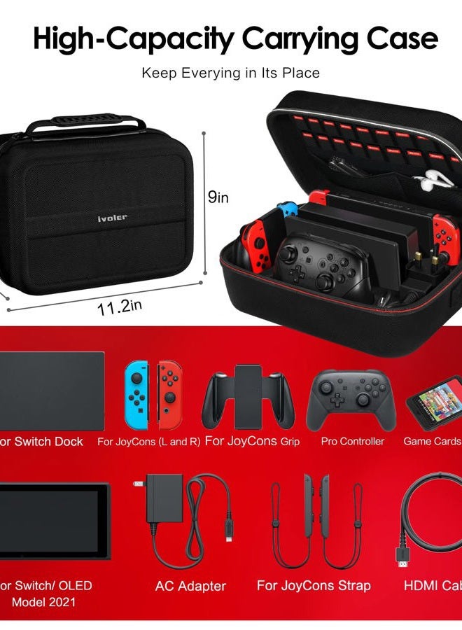 ivoler Carrying Storage Case for Nintendo Switch/For Switch OLED Model (2021),Portable Travel All Protective Hard Messenger Bag Soft Lining 18Games for Switch Console Pro Controller Accessories Black - Image 3