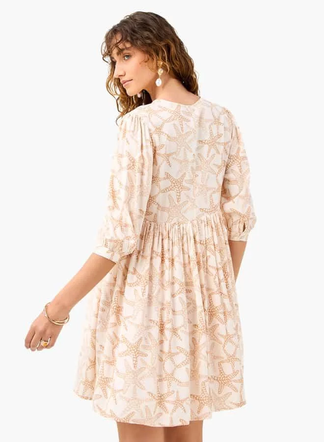 Splash FAV Printed Coverup Dress with Tie-Up Neck and 3/4 Sleeves