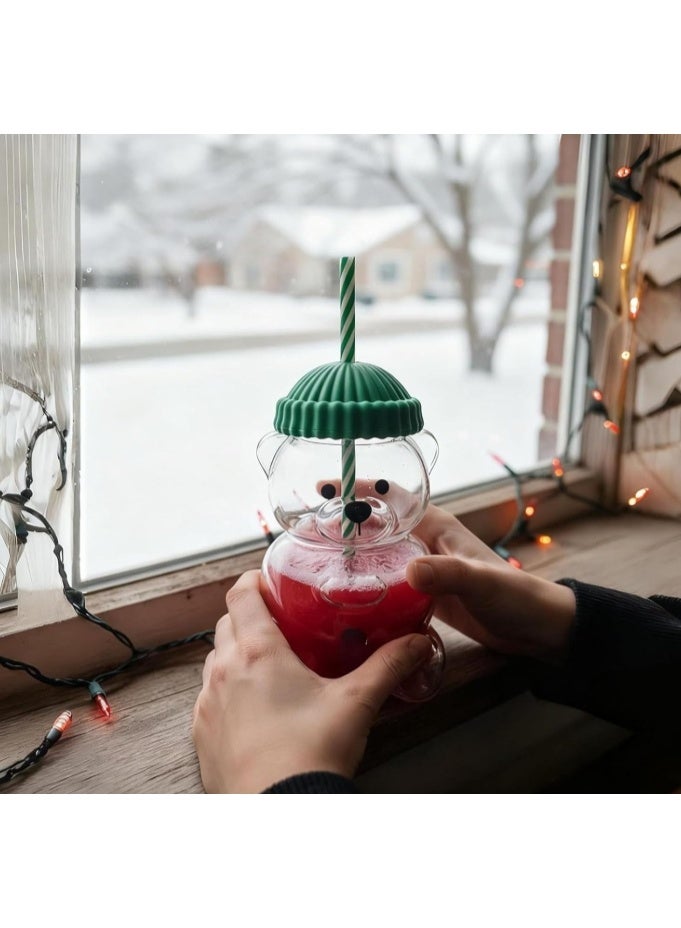 Bear Shape Glass Straw Cup 20oz Bear Straw Cup, Bear Straw Mugs, Glass Cups with Lids and Straws,Cute Mugs Bear Sippy Cups Coffee Drinks Glassware for Gift - Image 4