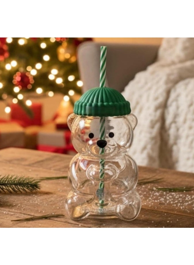 Bear Shape Glass Straw Cup 20oz Bear Straw Cup, Bear Straw Mugs, Glass Cups with Lids and Straws,Cute Mugs Bear Sippy Cups Coffee Drinks Glassware for Gift - Image 2