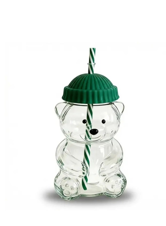 Bear Shape Glass Straw Cup 20oz Bear Straw Cup, Bear Straw Mugs, Glass Cups with Lids and Straws,Cute Mugs Bear Sippy Cups Coffee Drinks Glassware for Gift - Image 1