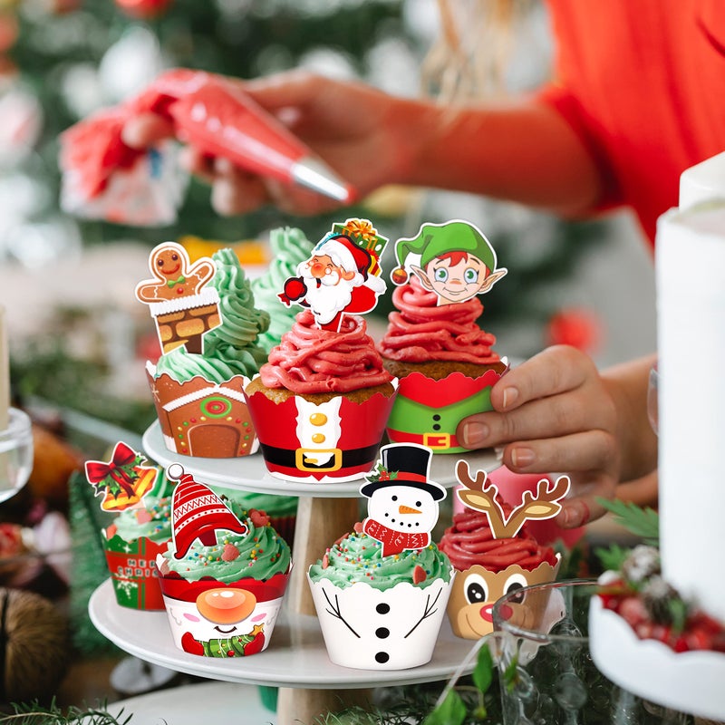 Moon Boat 128 Pieces Christmas Cupcake Toppers Wrappers Party Supplies Favors - Snowman Santa Claus Reindeer Elf Gnome Gingerbread - Image 3