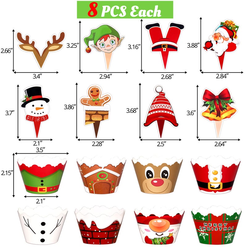 Moon Boat 128 Pieces Christmas Cupcake Toppers Wrappers Party Supplies Favors - Snowman Santa Claus Reindeer Elf Gnome Gingerbread - Image 5