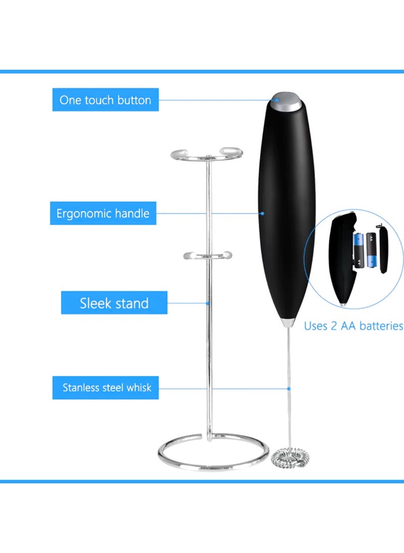 MIZAJIC Handheld Milk Frother with Stand, Electric Battery Operated Foam Maker with Stainless Steel Whisk, Mini Hand Mixer for Coffee Latte Cappuccino Hot Chocolate(Black with Stand)  - Image 2