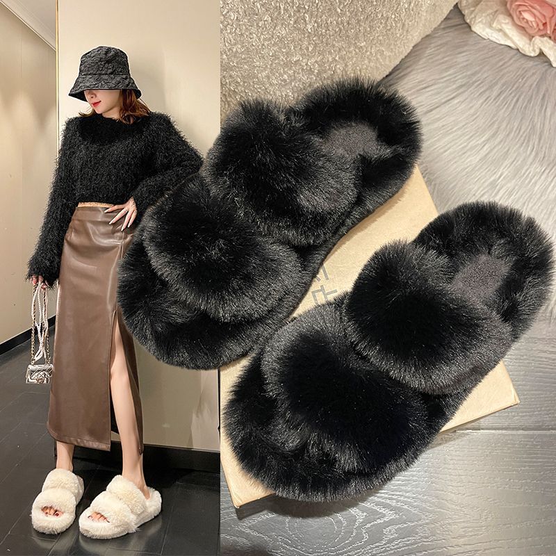 Furry Slippers Women'S Outdoor Wear Internet Celebrity New Thick-Soled Cotton Slippers Korean Style Parallel Fur Strap Home Open Toe Shoes - Image 5