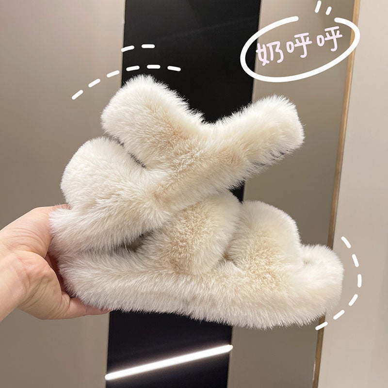 Furry Slippers Women'S Outdoor Wear Internet Celebrity New Thick-Soled Cotton Slippers Korean Style Parallel Fur Strap Home Open Toe Shoes - Image 4