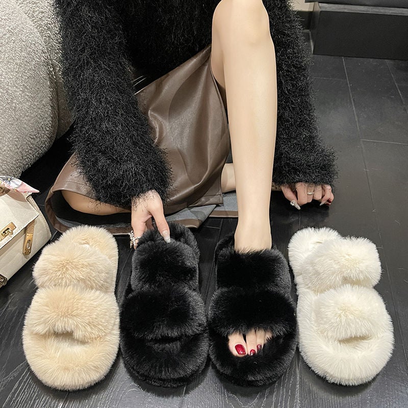 Furry Slippers Women'S Outdoor Wear Internet Celebrity New Thick-Soled Cotton Slippers Korean Style Parallel Fur Strap Home Open Toe Shoes - Image 3