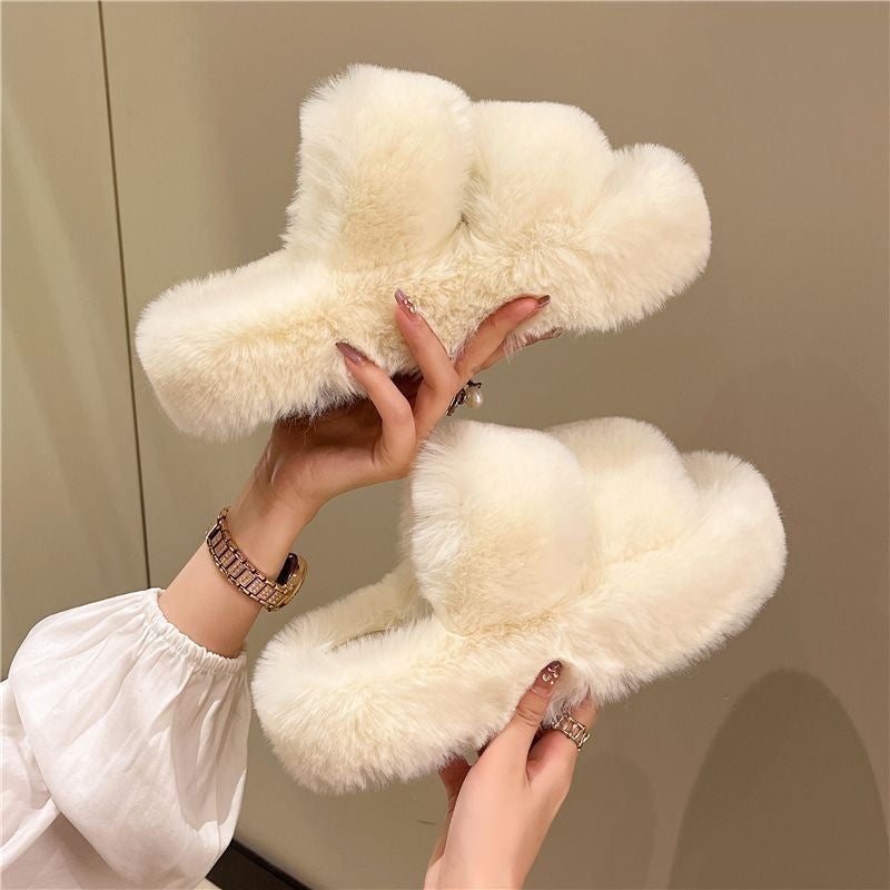 Furry Slippers Women'S Outdoor Wear Internet Celebrity New Thick-Soled Cotton Slippers Korean Style Parallel Fur Strap Home Open Toe Shoes - Image 2