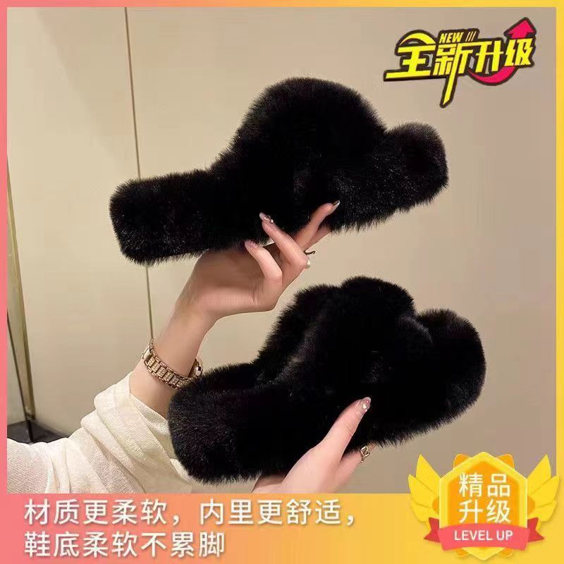 Furry Slippers Women'S Outdoor Wear Internet Celebrity New Thick-Soled Cotton Slippers Korean Style Parallel Fur Strap Home Open Toe Shoes - Image 1