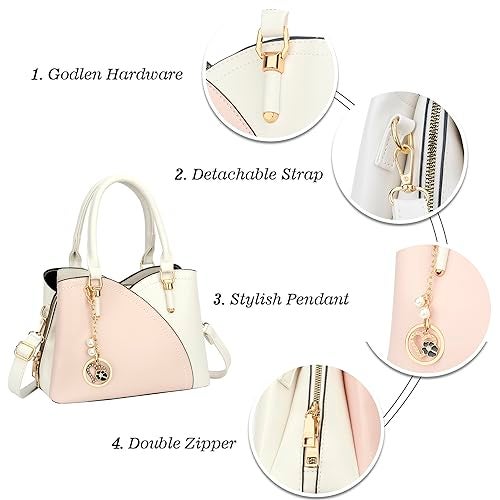 KKXIU Triple Compartments Purses and Handbags for Women Fashion Ladies Satchel Shoulder Top Handle Bag (White Pink) - Image 4