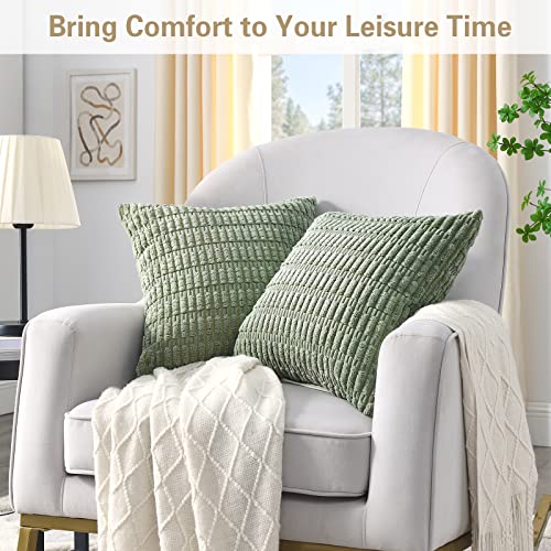 Volcanics Pack of 2 Sage Green Decorative Throw Pillow Covers 18x18 Inch, Soft Corduroy Striped Square Cushion Cases, Modern Farmhouse Boho Home Decor for Spring Couch Bed Sofa Living Room - Image 3