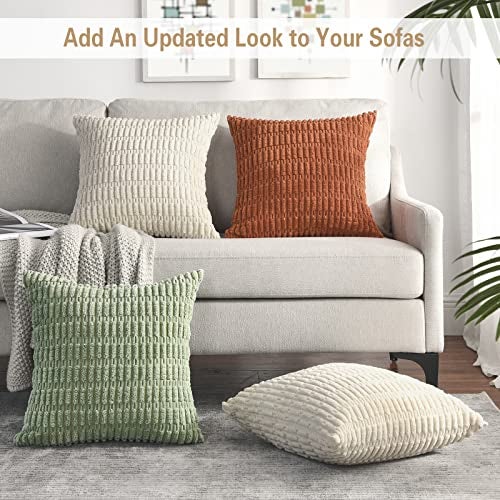 Volcanics Pack of 2 Sage Green Decorative Throw Pillow Covers 18x18 Inch, Soft Corduroy Striped Square Cushion Cases, Modern Farmhouse Boho Home Decor for Spring Couch Bed Sofa Living Room - Image 2