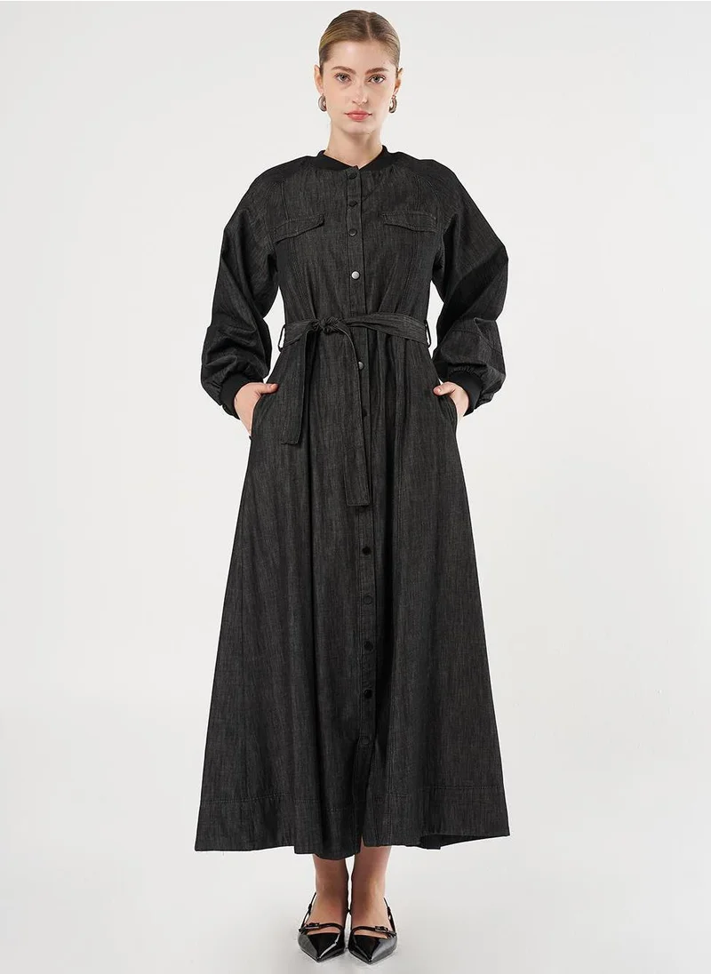 Kayra Belted Denim Maxi Dress
