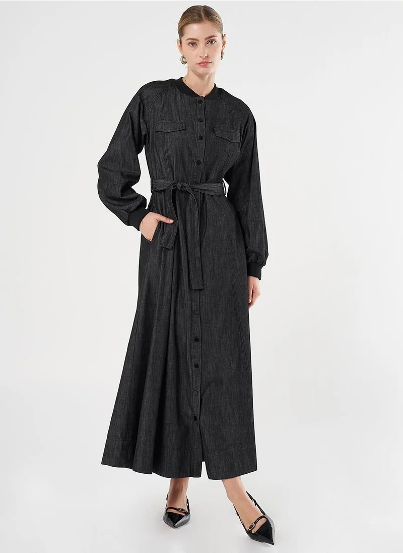 Kayra Belted Denim Maxi Dress