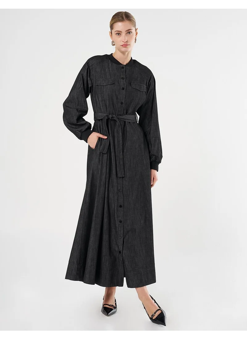 Kayra Flap Pocket Denim Dress Black