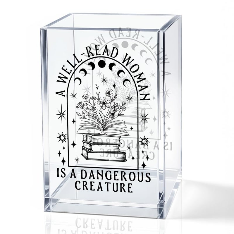 QYUVK A Well-read Woman Is A Dangerous Creature Acrylic Pencil Holder Cup, Funny Floral Books Desk Organizer for Book Lover Bookish Bookworms Readers, Women Empowerment Gifts for Mom Sister BFF - Image 1