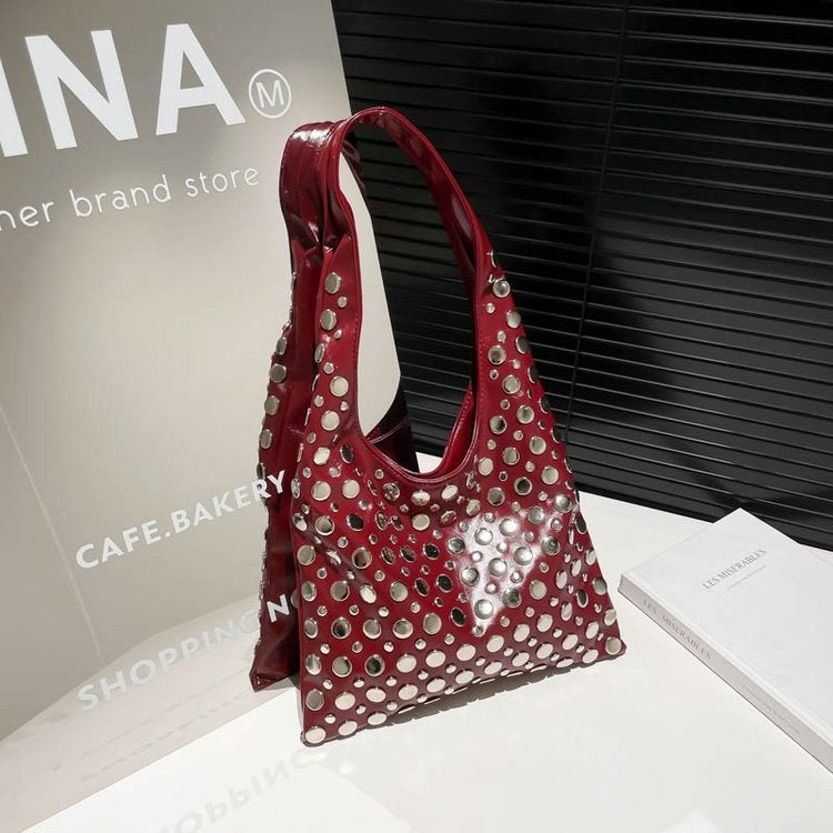Retro Handbag For Women 2025 Summer New Casual Bucket Bag Niche Trendy Cool Polka Dot Rivet Single Shoulder Armpit Bag - Image 2