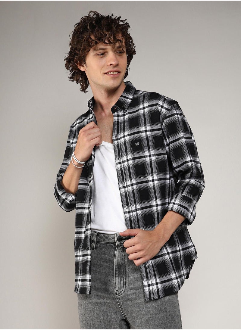 كامبوس سوترا - Men's Midnight Black & Chalk White Brushed Buffalo Check Shirt - Image 1