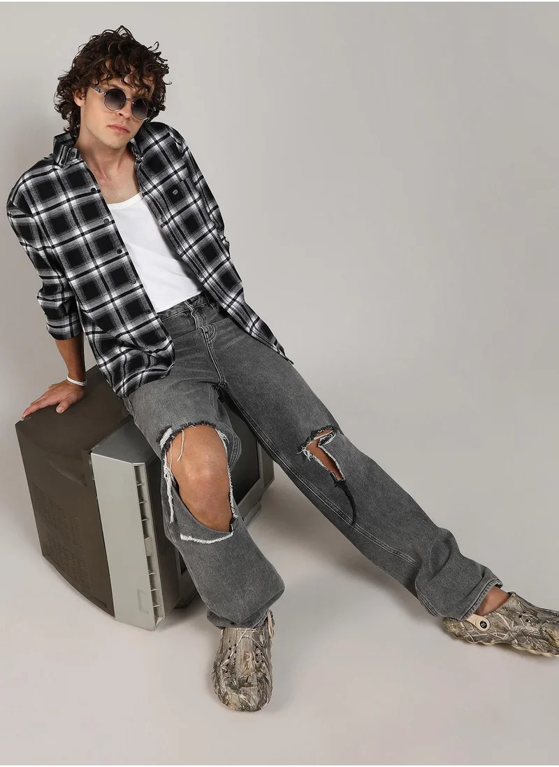 Campus Sutra Men's Midnight Black & Chalk White Brushed Buffalo Check Shirt