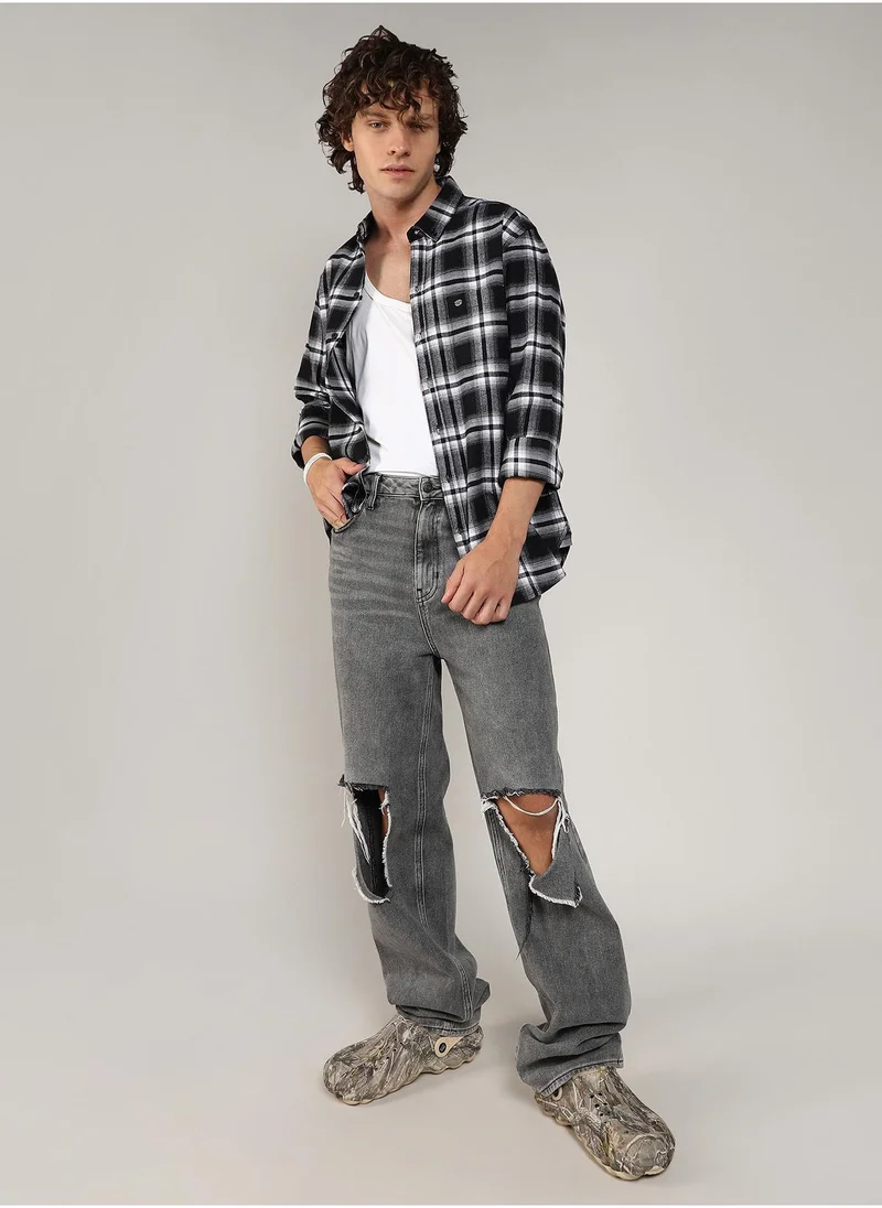 Campus Sutra Men's Midnight Black & Chalk White Brushed Buffalo Check Shirt
