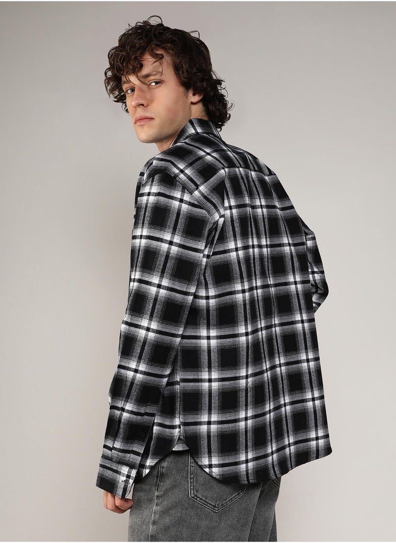 كامبوس سوترا - Men's Midnight Black & Chalk White Brushed Buffalo Check Shirt - Image 1