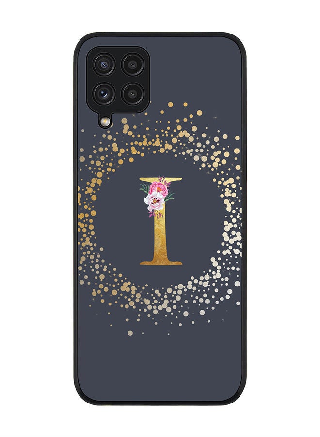 Rugged Black edge case for Samsung Galaxy A22 (LTE/4G)  Slim fit Soft Case Flexible Rubber Edges Anti Drop TPU Gel Thin Cover - Custom Monogram Initial Letter Floral Pattern Alphabet - I (Grey )