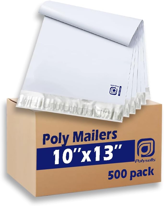 POLYSELLS 500 قطعة 10 × 13 بوصة أبيض × فضي أكياس بولي مغلفات شحن، إغلاق لاصق قوي، مقاوم للماء، ومقاوم للتمزق، حقائب بريدية للملابس والكتب والإكسسوارات - Image 1
