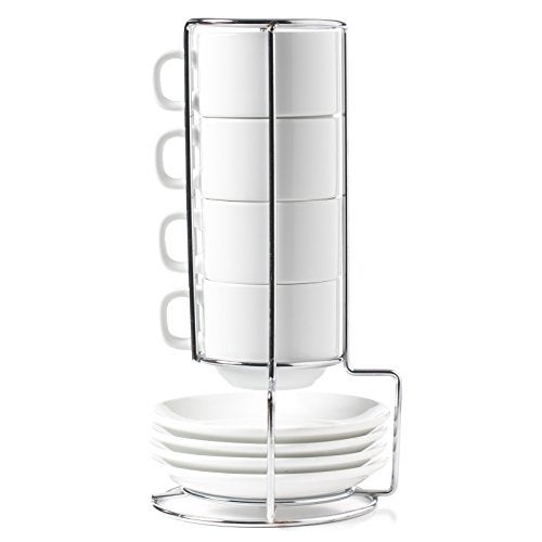 Huji Stack-able Porcelain 4 Ounces Espresso Turkish Coffee Cups and Saucer with Chrome Rack (1) - Image 1