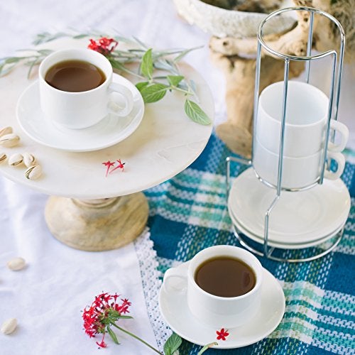 Huji Stack-able Porcelain 4 Ounces Espresso Turkish Coffee Cups and Saucer with Chrome Rack (1) - Image 3