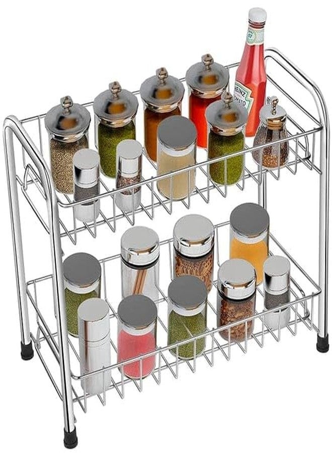 GLOCY Stainless Steel 2-Tier Multipurpose Kitchen Rack|Home Storage|Kitchen Countertop masala dabba Organizer| Kitchen Shelf Spice Rack Basket (Pack of 1- Silver) - Image 2