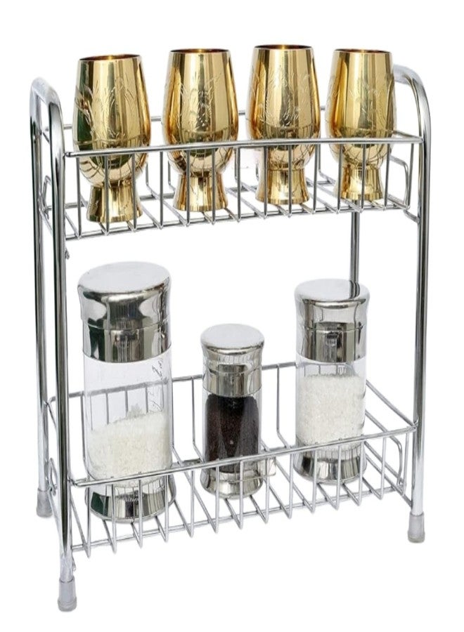 GLOCY Stainless Steel 2-Tier Multipurpose Kitchen Rack|Home Storage|Kitchen Countertop masala dabba Organizer| Kitchen Shelf Spice Rack Basket (Pack of 1- Silver) - Image 1