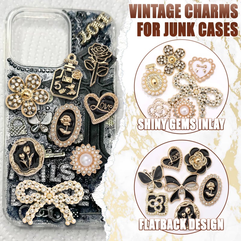 BELICEY Junk Case Charms Kit Black Vintage Bow Flower Big Charm for Junk Cases Elegant Heart Butterfly Phone Case Charms 3D Flatback Rose for Customizing DIY Craft - Image 3