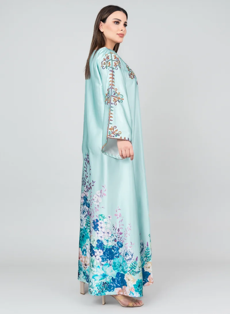 IKKXA Floral Printed Crystal Embroidery Jalabiya IK1015 Turquoise