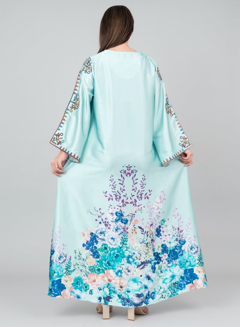 اكسا جلابية مطرزة بالكريستال بطبعة زهور لون تركواز - Image 2