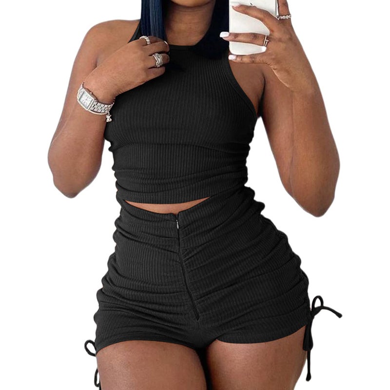 PYAEAS Summer Two Piece Outfits for Women, Casual Stretchy Ribbed Tank Crop Top Drawstring Ruched Shorts Set Workout Tracksuits (Black,L) - Image 1