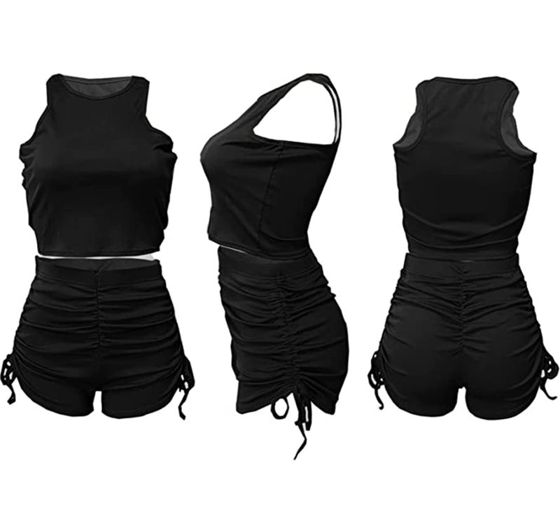 PYAEAS Summer Two Piece Outfits for Women, Casual Stretchy Ribbed Tank Crop Top Drawstring Ruched Shorts Set Workout Tracksuits (Black,L) - Image 5