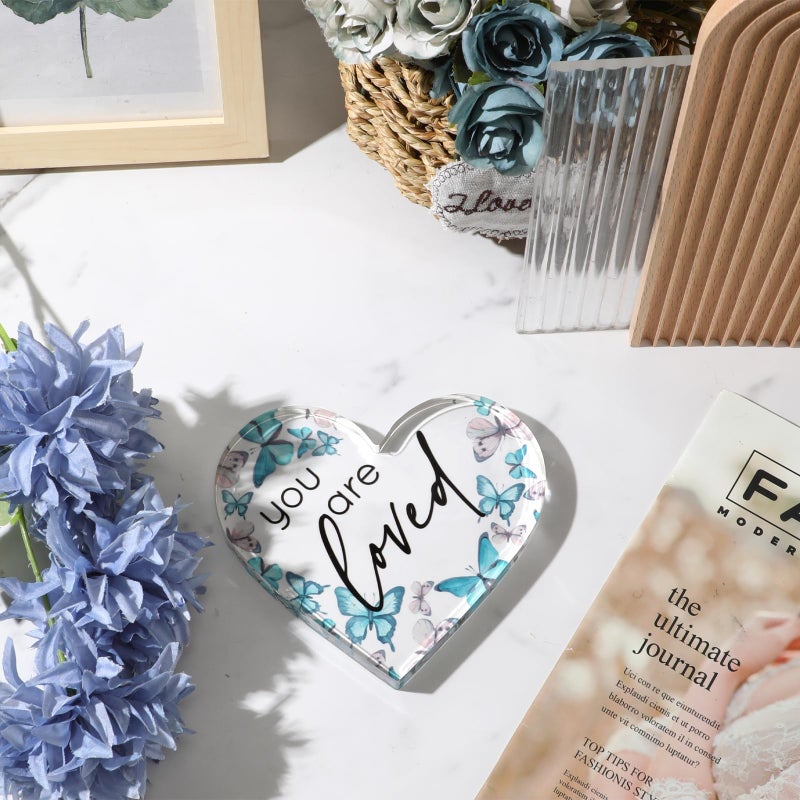 Yulejo Inspirational Butterfly Gift You Are Loved Decor Acrylic Heart Shaped Keepsake with Rustic Butterflies for Employee Appreciation Office Business Favor Back to School Gift Teacher(Green) - Image 3