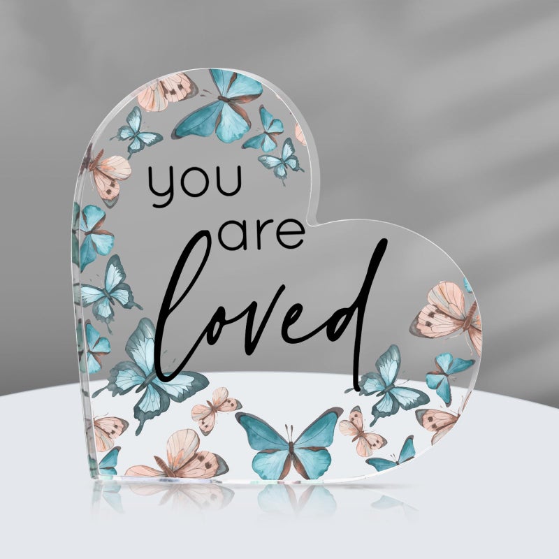 Yulejo Inspirational Butterfly Gift You Are Loved Decor Acrylic Heart Shaped Keepsake with Rustic Butterflies for Employee Appreciation Office Business Favor Back to School Gift Teacher(Green) - Image 1